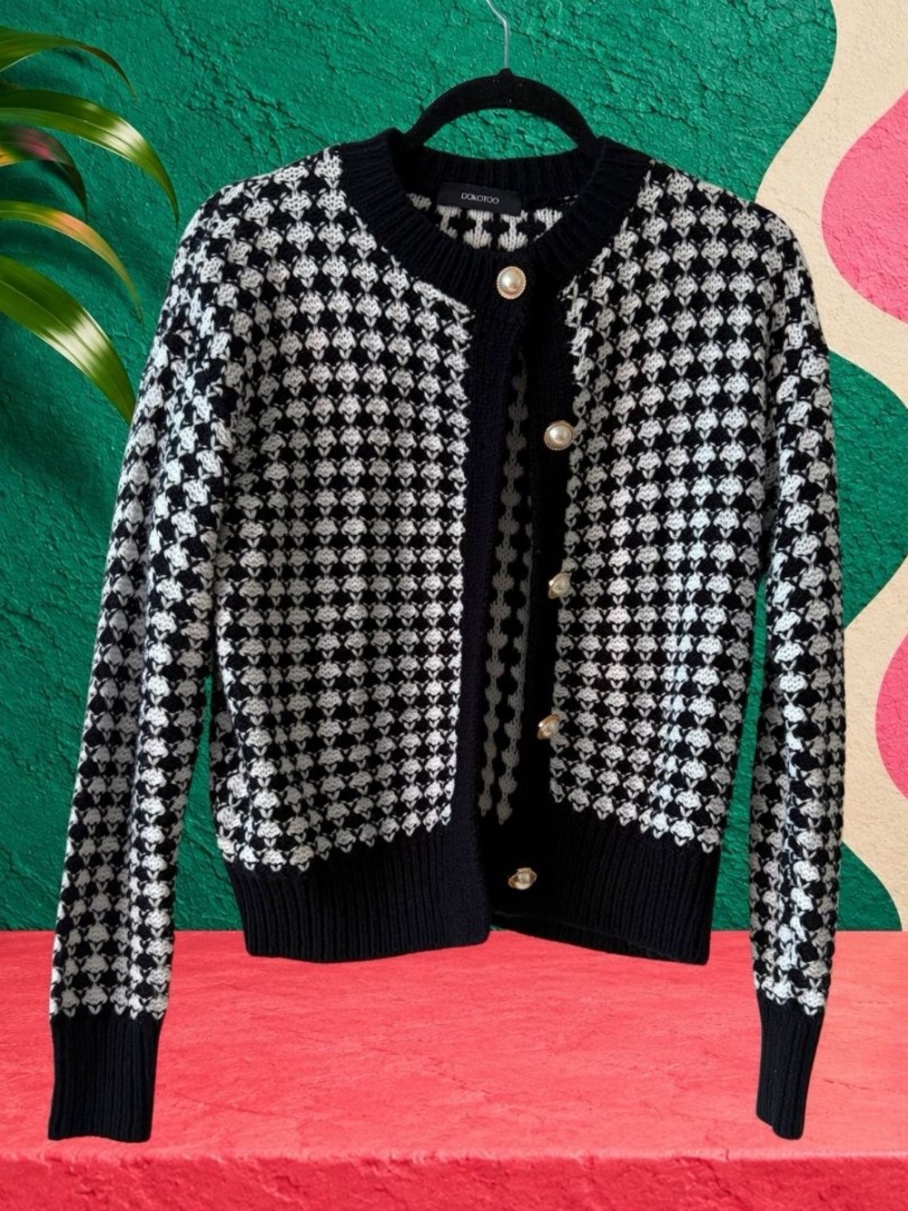 Black White Pearl Button Knit Cardigan Preppy Chic